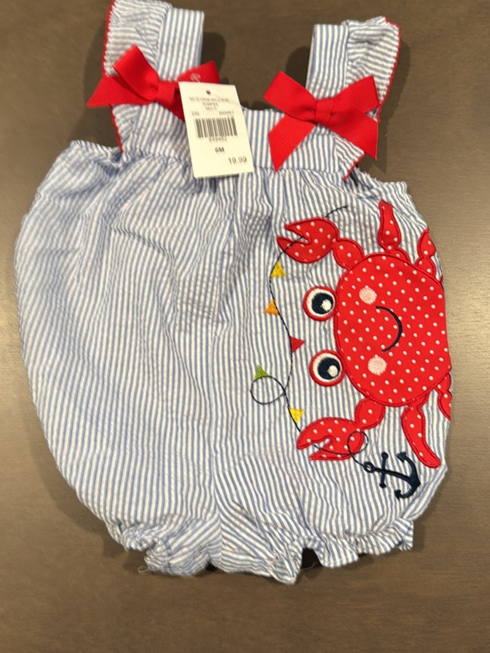 Baby Girls Blue Stripe Crab Bubble Romper with Red Accents